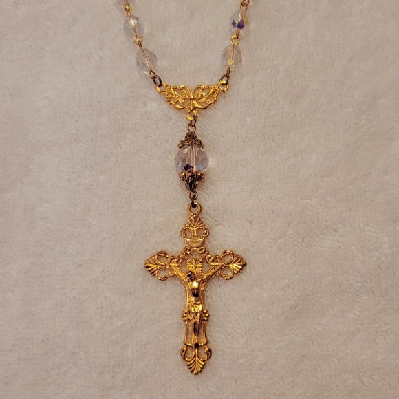 3-Piece Gold Tone Rosary Jewelry Set with Clear Aurora Borealis Glass Beads - Picture 3 of 5